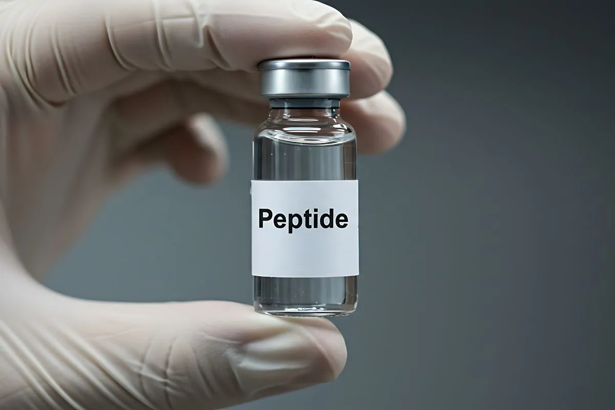 A gloved hand holds a medical vial labeled Peptides for treatment in Bend, OR