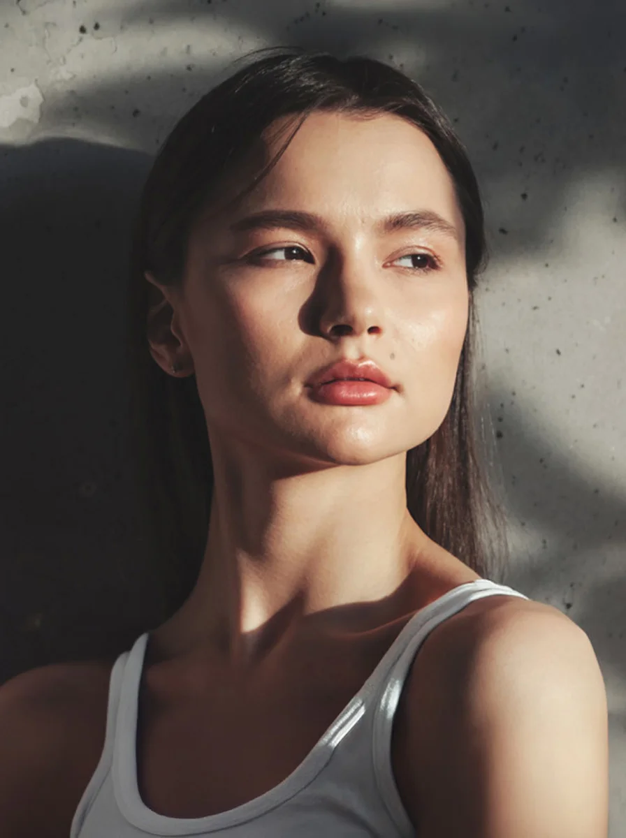 Young woman in white tank top with natural lighting and dramatic shadows on textured wall background