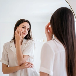 Woman examining her glowing skin in mirror after skincare routine, touching face with satisfied expression