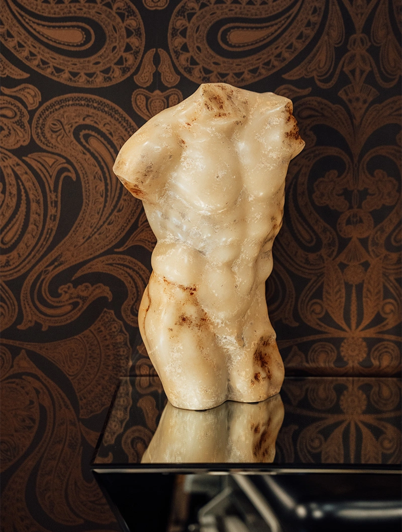 Ancient marble torso sculpture displayed on ornate patterned background with decorative molding - P-Shot in Bend, OR